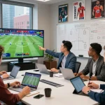 Live sports analysts discussing real-time scores and strategies to xem tỷ số bongdalu in a modern office setting.