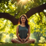 A person meditating under a tree to alleviate stress and anxiety, surrounded by nature.