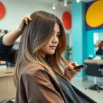 Cabeleireiro feminino styling a modern haircut in a vibrant salon.