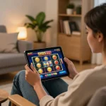 Engaged player enjoying SLOT777 online slots on a tablet in a cozy home atmosphere.