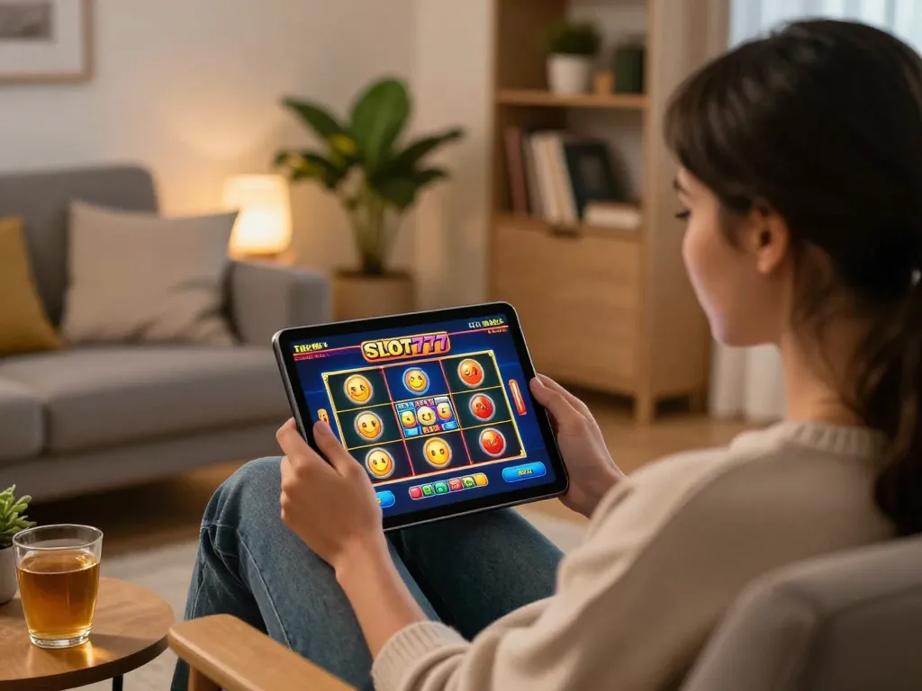 Engaged player enjoying SLOT777 online slots on a tablet in a cozy home atmosphere.