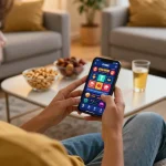 Engaging with ok365 mobile casino app on a stylish couch, showcasing a cozy betting environment.