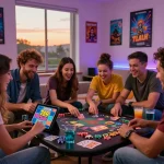 Friends enjoying a lively game night playing 789 club on a tablet with snacks and drinks around.