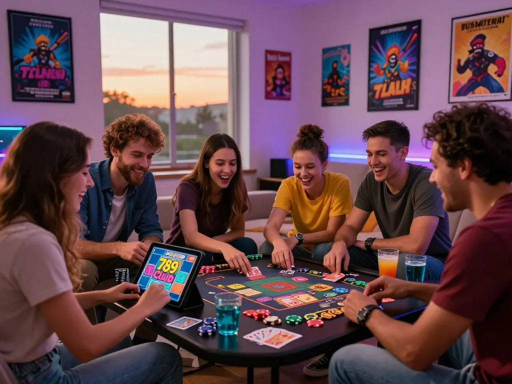 Friends enjoying a lively game night playing 789 club on a tablet with snacks and drinks around.