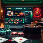 Experience luxury gaming at LC88 online casino with poker chips and roulette wheel.