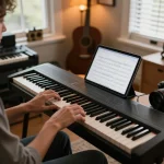 Engaging music scene with a person playing the GO 88 digital piano in a cozy home.