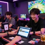 Download the tải sunwin app in a vibrant gaming lounge with friends enjoying gaming discussions.