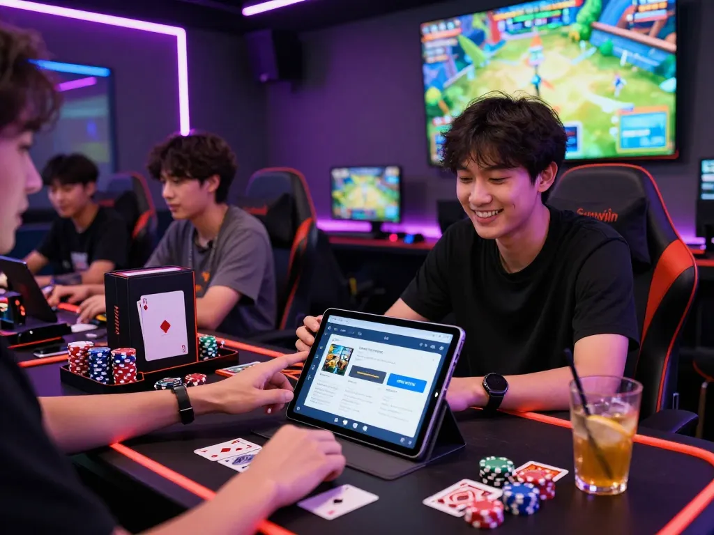 Download the tải sunwin app in a vibrant gaming lounge with friends enjoying gaming discussions.