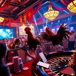 A dynamic live-streamed cockfighting event at https://bj88daga.dev/ showcasing vibrant gambling action.