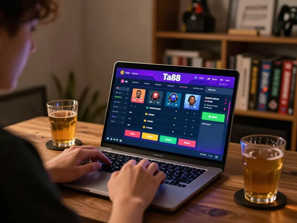 Engaging moment of a user placing a bet on Ta88's online sports betting platform with a vibrant interface.