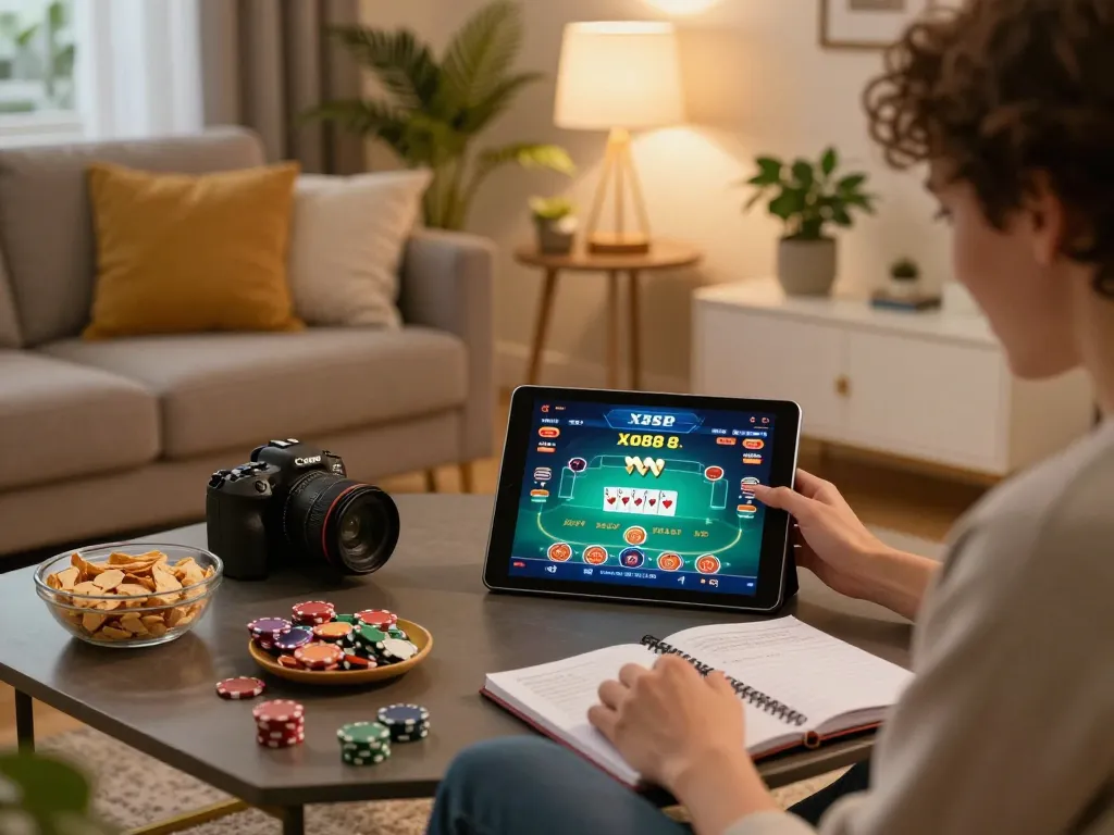 Engaging with the link xo88 for an exciting online gaming experience at home with a cozy setup.