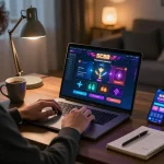 Engaging with the SC88 Game online through a laptop while enjoying a cozy ambiance and strategic betting.