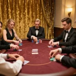 Engaged players at an exclusive poker game mastering strategy with DA88 in full focus.