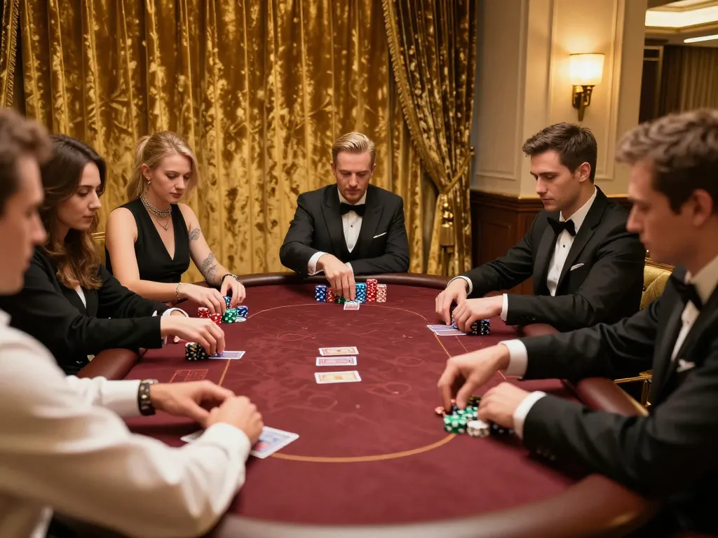 Engaged players at an exclusive poker game mastering strategy with DA88 in full focus.