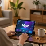 Engaging in hbet online gambling with vibrant tablet interface in a relaxed home setting.