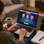 MAY88 user engaging in online casino gaming with strategic notes and a cozy atmosphere.