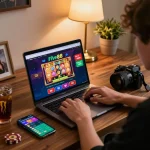 Engaged player using Five88 on a laptop for online casino gaming in a cozy home setting