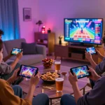 Friends enjoying thrilling gameplay on 789club, showcasing vibrant casino graphics in a cozy living room.