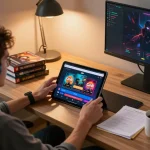Player engaging with the Go8 app in a cozy home office setting, emphasizing online gambling and strategy.