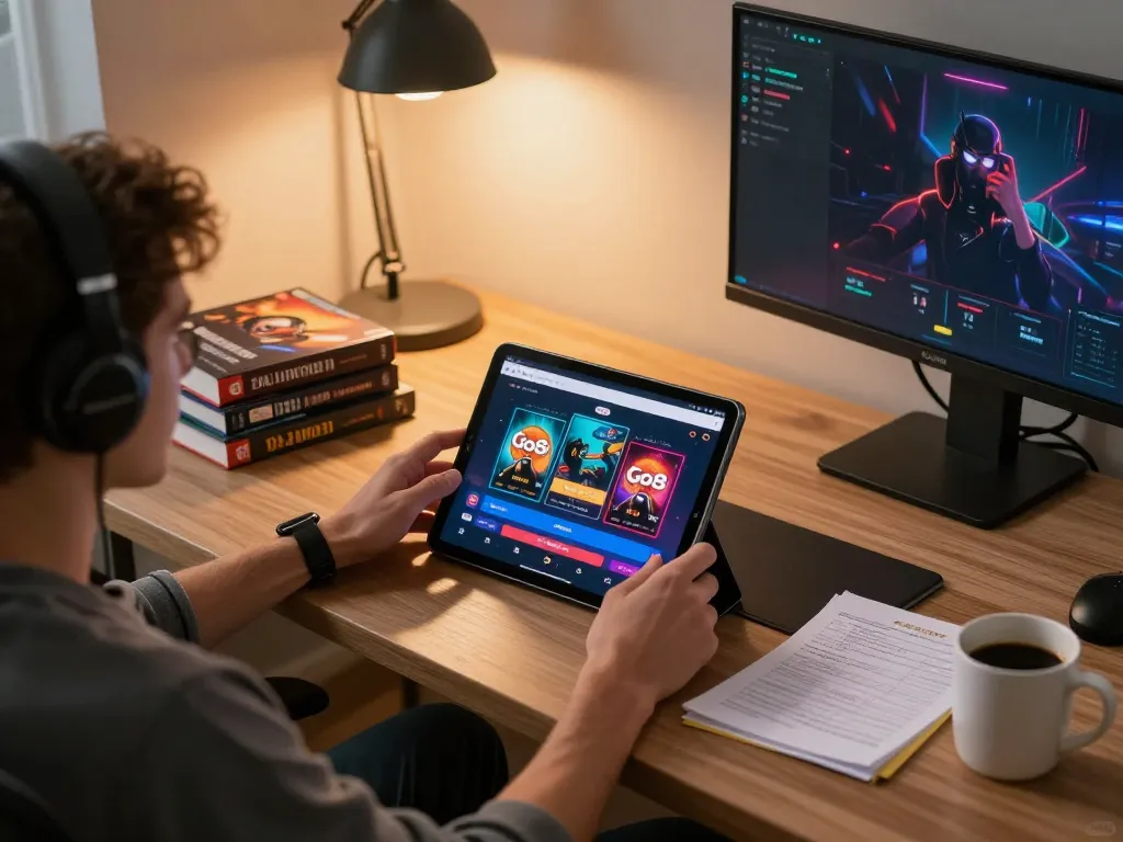 Player engaging with the Go8 app in a cozy home office setting, emphasizing online gambling and strategy.