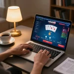 Berkolaborasi dengan poker online rokok88, pemain menggunakan laptop di lingkungan rumah yang nyaman, menampilkan strategi permainan.