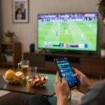Betting on tỷ lệ kèo trực tuyến with excitement while analyzing live sports updates on smartphone.