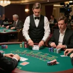 SKY88 players enjoying an upscale blackjack game with stacked chips and engaging dealer actions