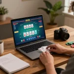 Player enjoying vic88 online blackjack on laptop at home, showcasing engaging live dealer action