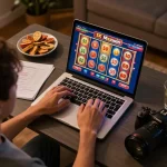 Engaging online casino gameplay featuring slot deposit 5000 on a laptop, showcasing vibrant graphics and cozy home setting.