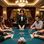 Engaged players strategizing their next move at alo88 poker table in a luxurious casino setting.