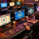 Person playing at 789club online casino, engaging with multiple gaming screens in a cozy setup