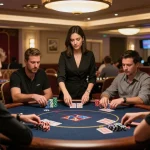 FIVE88 high-stakes poker game in an elegant casino, capturing thrilling gameplay and strategic decisions.