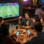 Friends engaging in live sports betting at a sports bar, highlighting the excitement of 8live betting.