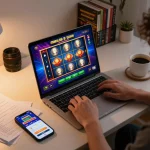 Engaged player enjoying an online casino slot game while using link max88 on a laptop in a cozy home office.
