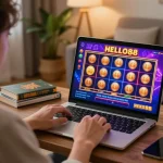 Player engaging in HELLO88 online casino gaming on laptop in a cozy living room.