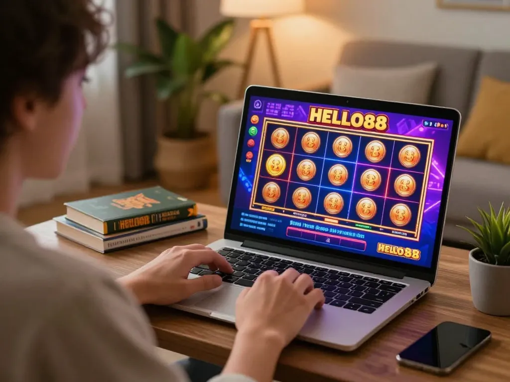 Player engaging in HELLO88 online casino gaming on laptop in a cozy living room.