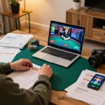 Engaged gamer playing poker on a laptop, showcasing 888bgo online casino experience at home.
