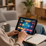 x888 player enjoying an online gaming session on a cozy sofa with strategic notes nearby