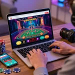 Engaging online gambling scene with man88 interface showcasing vibrant casino game, chips, and modern tech.