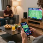 The user checks tỷ lệ kèo nhà cái hôm nay on a smartphone while enjoying a relaxed evening at home with friends.