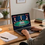 Engaging in strategic live baccarat gameplay at home using laptop in cozy setting