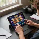 Engaged player using KU88 tablet for online slots, showcasing responsible gambling behavior