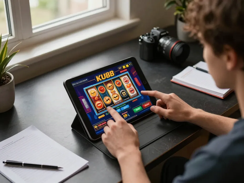 Engaged player using KU88 tablet for online slots, showcasing responsible gambling behavior
