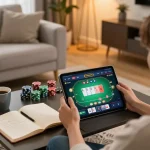 rokok88 player enjoying online poker strategy session in a cozy living room setting