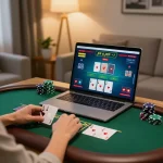 Player engaging with vip79 online blackjack game, showcasing cards and chips in a cozy home environment