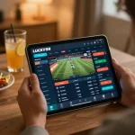 Person actively engaging in sports betting using LUCKY88 app on tablet at home