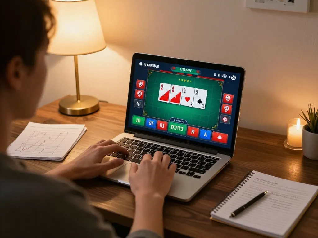 Engaging in a strategic sam86 poker game on laptop surrounded by betting notes.