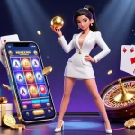 Experience the vibrant thrill of 11Win as a stylish woman engages with casino elements and colorful games.