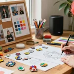 Designer creating custom enamel pins in a vibrant workspace with colorful art supplies.
