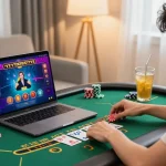 Player enjoying an engaging บาคาร่าออนไลน์ game on their laptop in a cozy home environment.